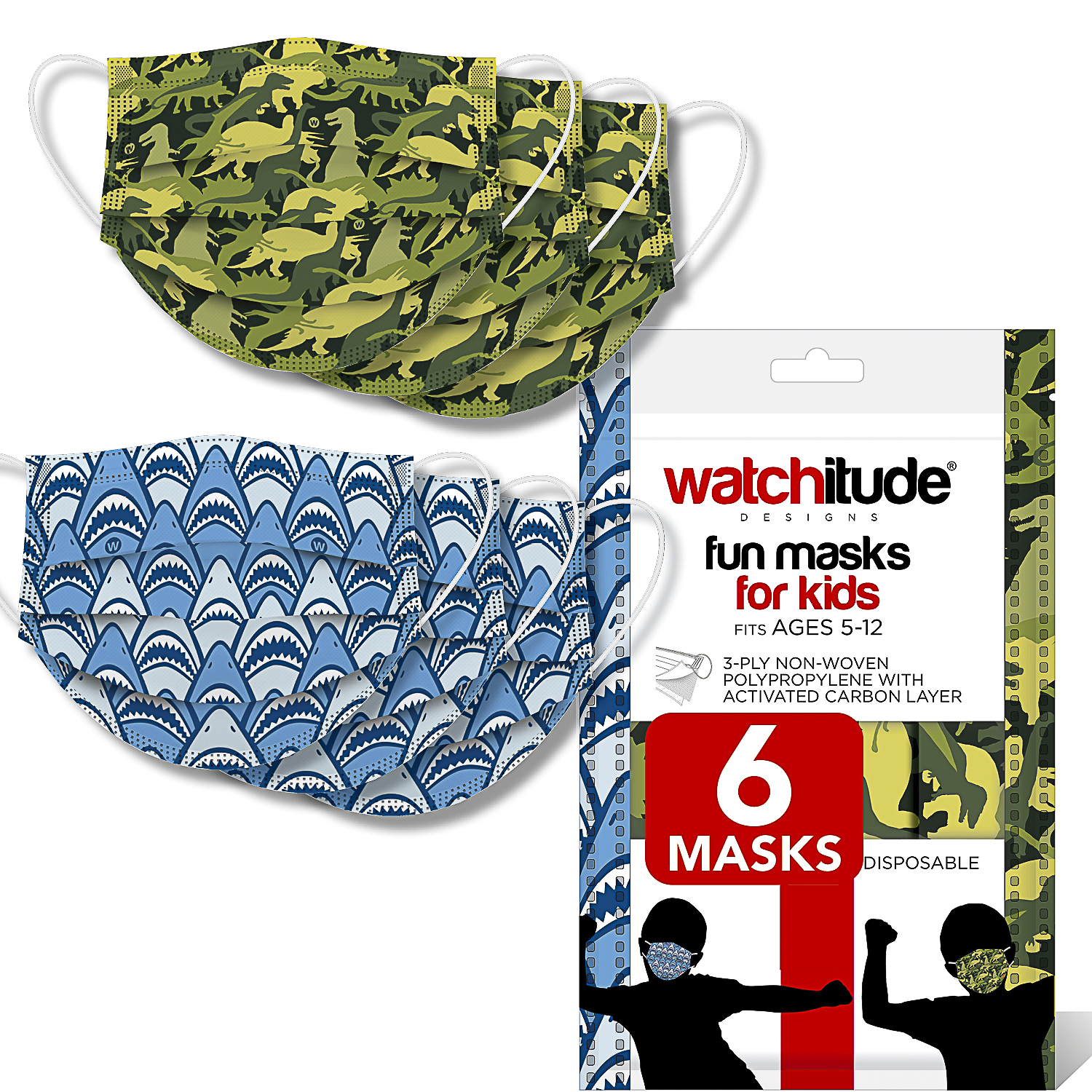 Shark Frenzy & Dino Camo - Watchitude Kids Fun Masks (6-pack)