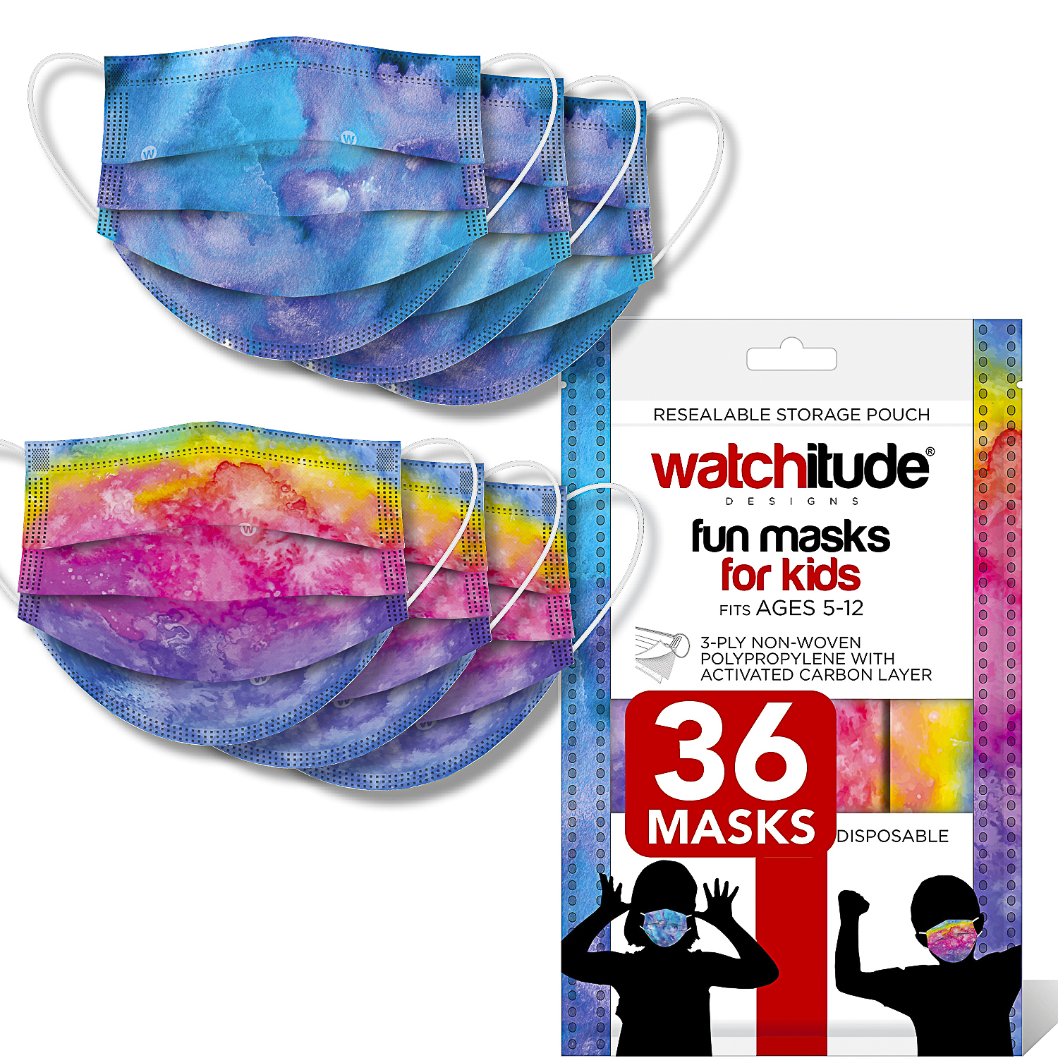 Rainbow Tie Dye & Purple Tie Dye - Watchitude Kids Fun Masks (36-Pack)