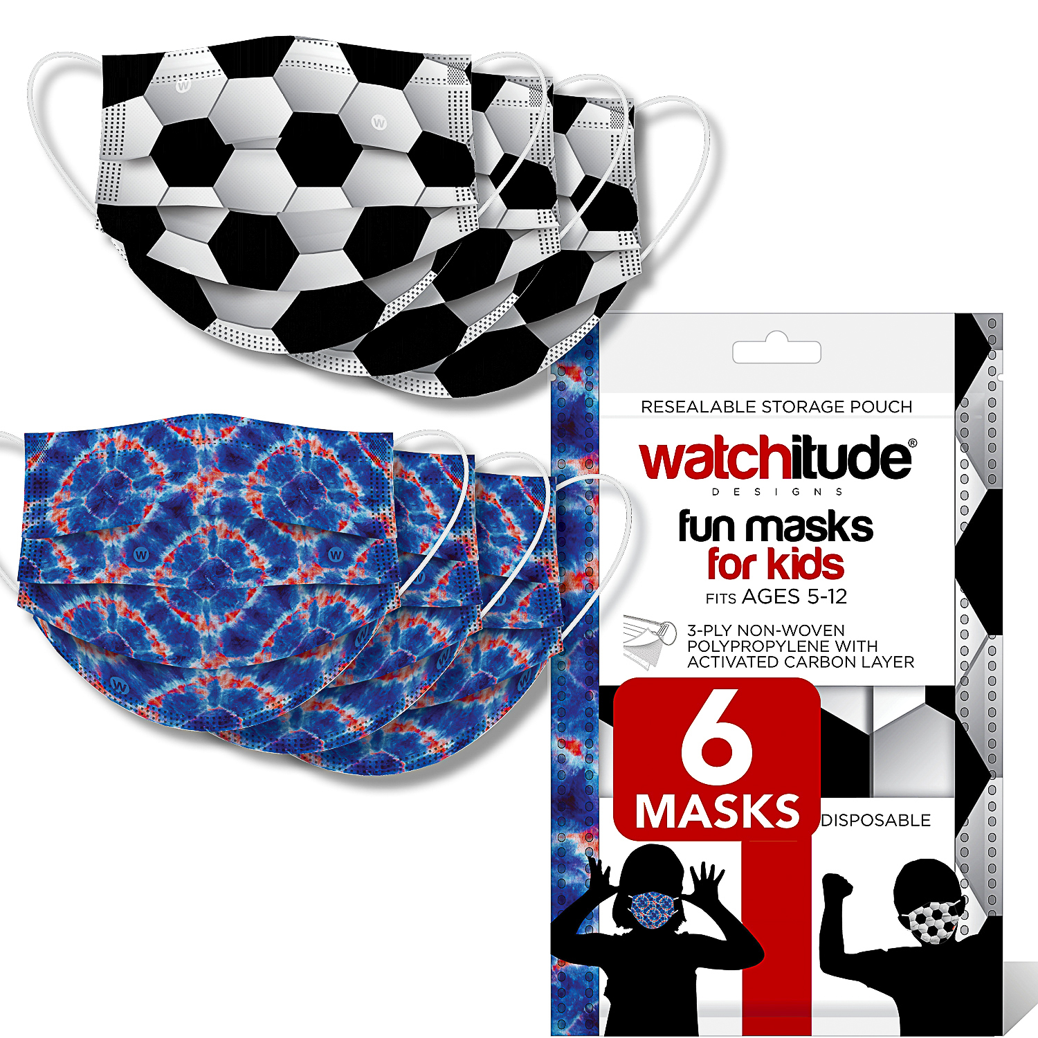 Soccer & Blue Tie Dye - Watchitude Kids Fun Masks (6-pack) image number 0