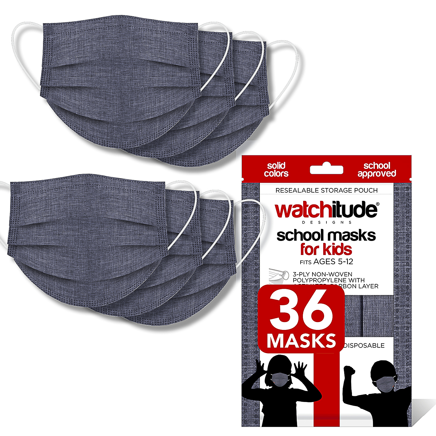 Charcoal Gray - Watchitude Kids School Masks (36-pack) - Solid Color - School Approved image number 0