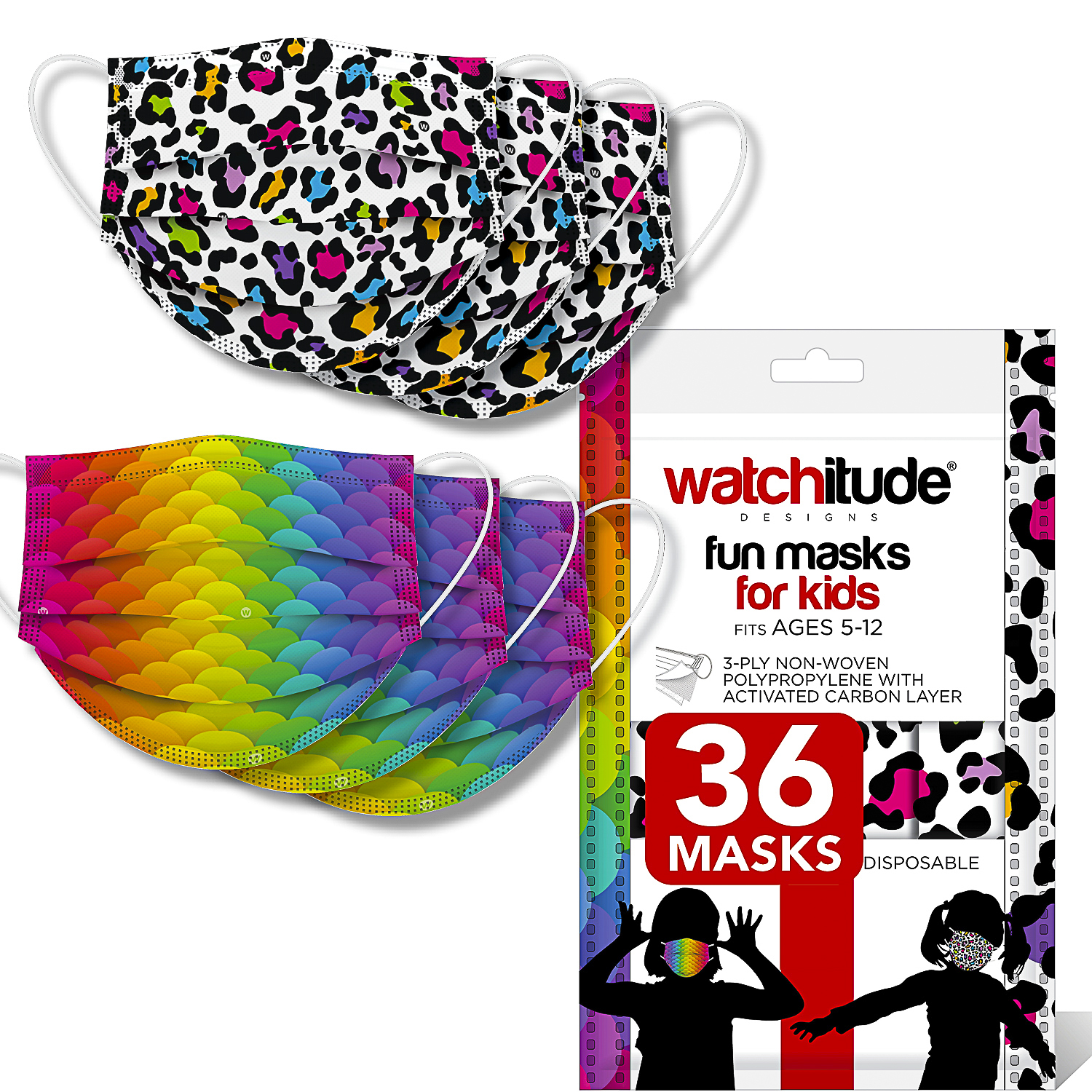 Leopard Camo & Rainbow Skin - Watchitude Kids Fun Masks (36-pack)