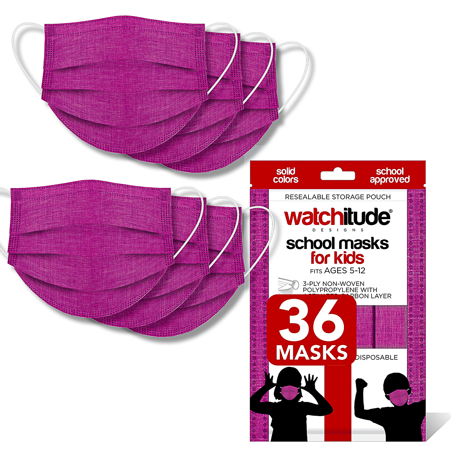 Raspberry - Watchitude Kids School Masks (36-pack) - Solid Color - School Approved