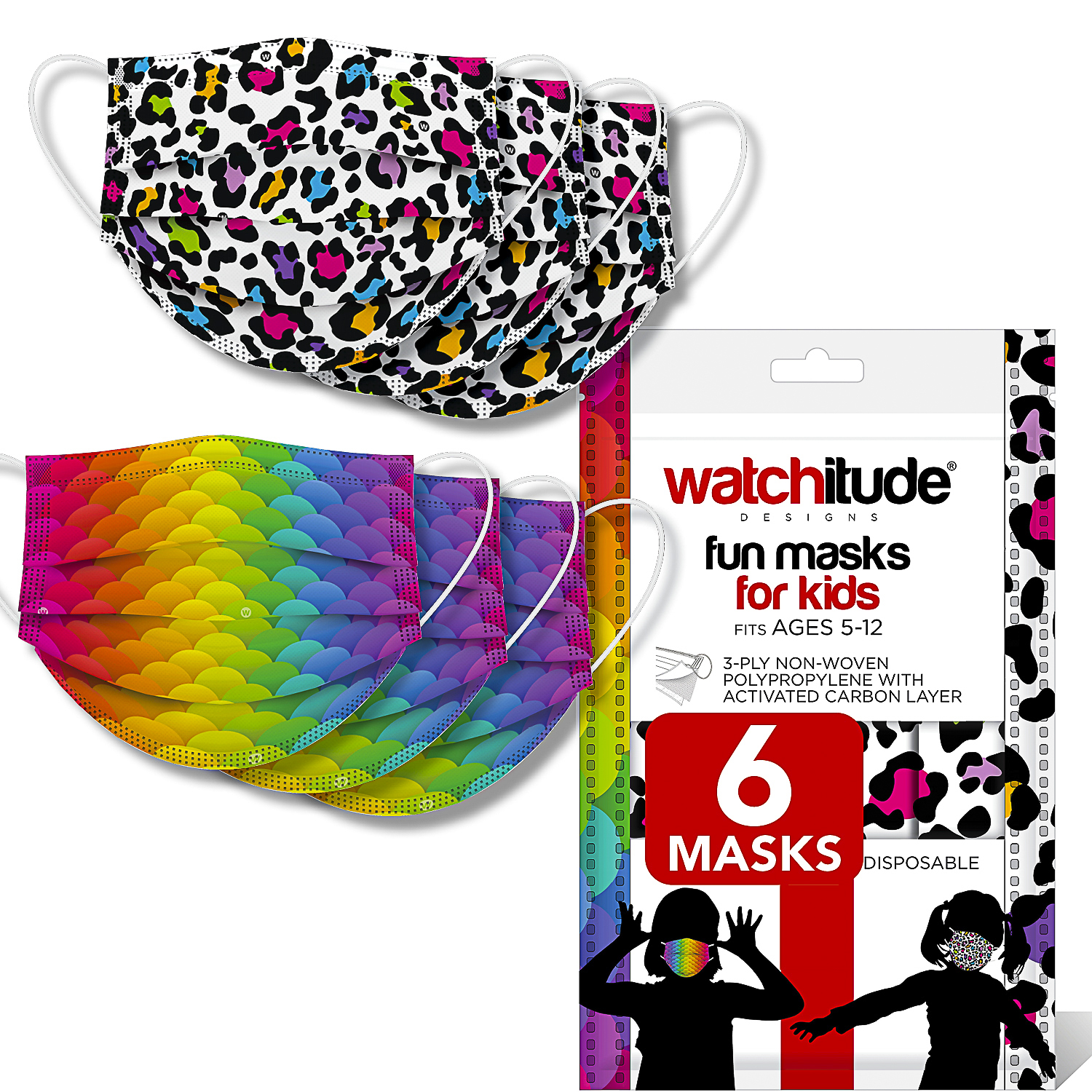 Leopard Camo & Rainbow Skin - Watchitude Kids Fun Masks (6-pack) image number 0