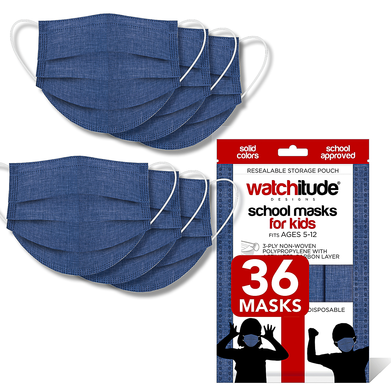 Denim Blue - Watchitude Kids School Masks (36-pack) - Solid Color - School Approved image number 0