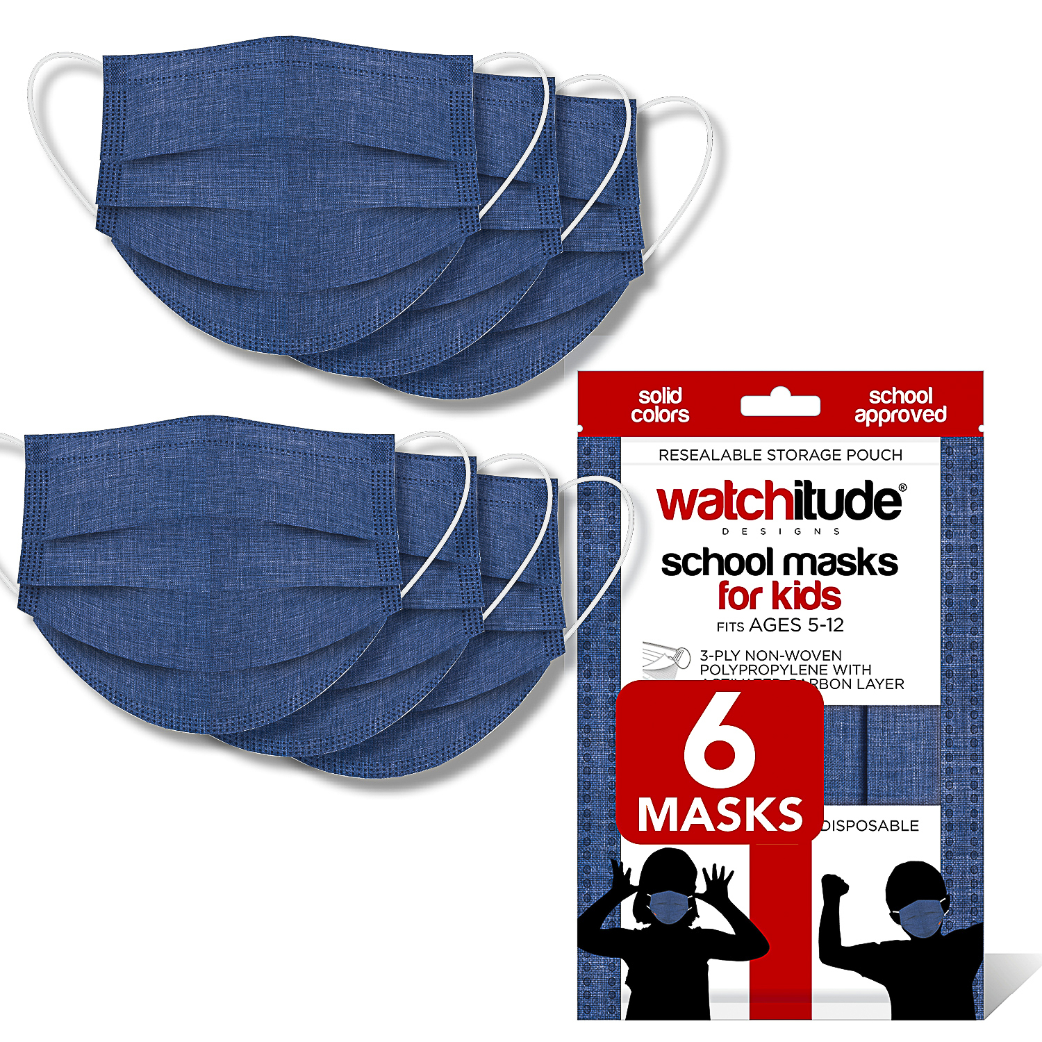 Denim Blue - Watchitude Kids School Masks (6-pack) - Solid Color - School Approved image number 0