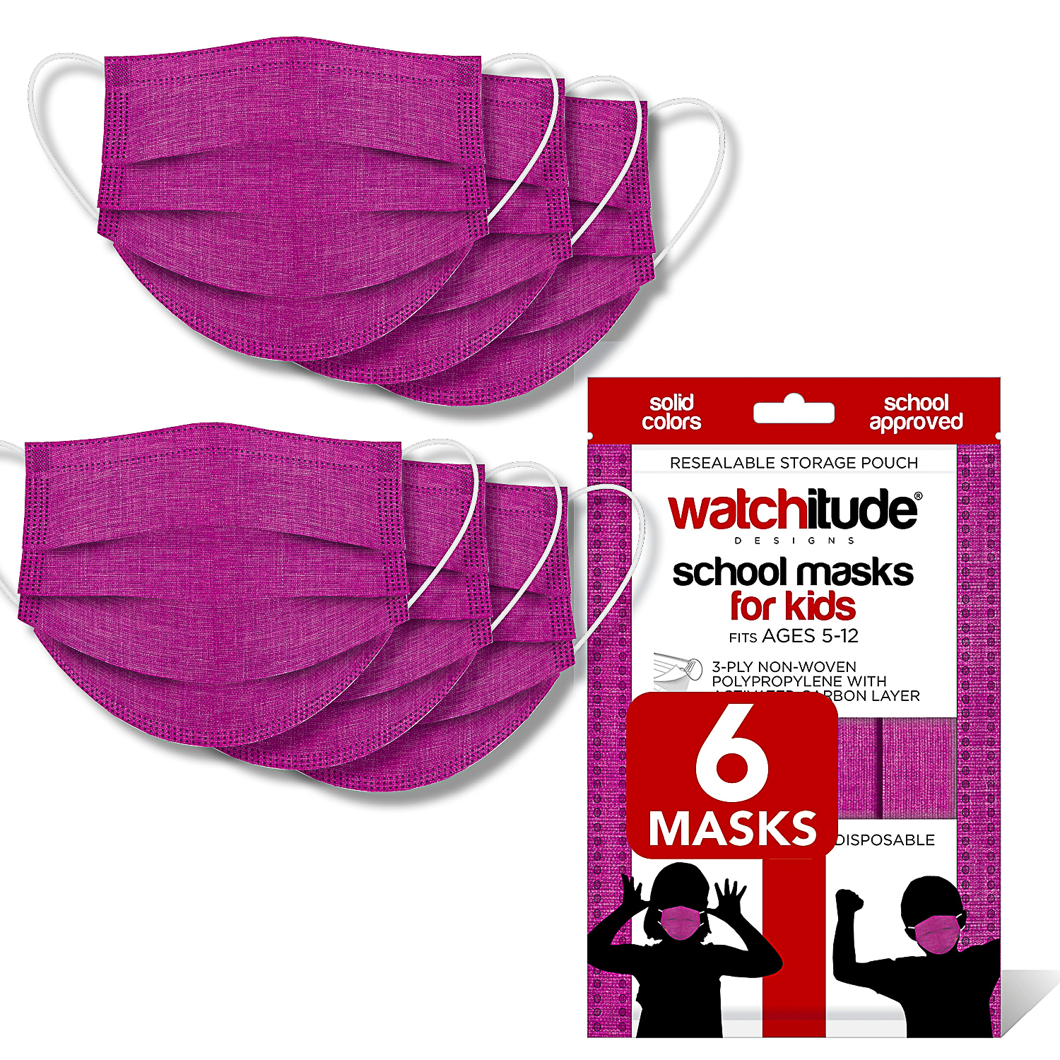 Raspberry - Watchitude Kids School Masks (6-pack) - Solid Color - School Approved