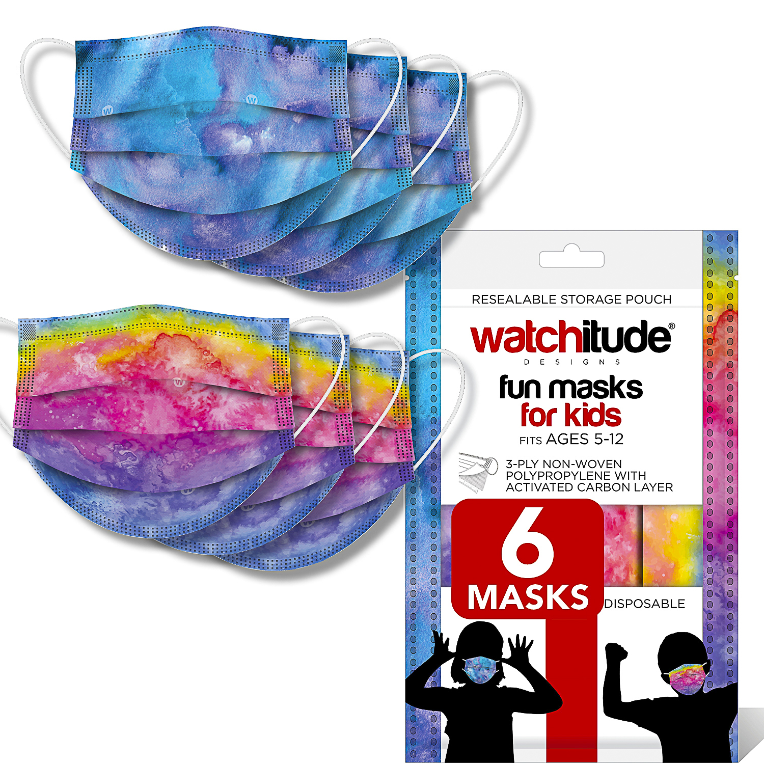 Rainbow Tie Dye & Purple Tie Dye - Watchitude Kids Fun Masks (6-pack)